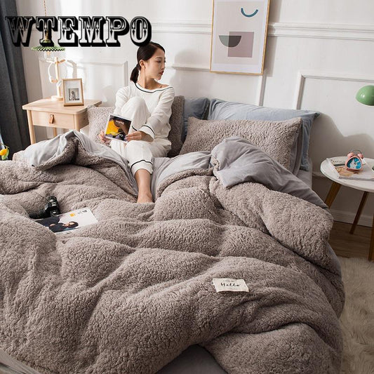 4pcs Mink Velvet Bedding Sets Lambs Wool Fleece Winter Duvet Cover Fitted Sheet Queen King Size