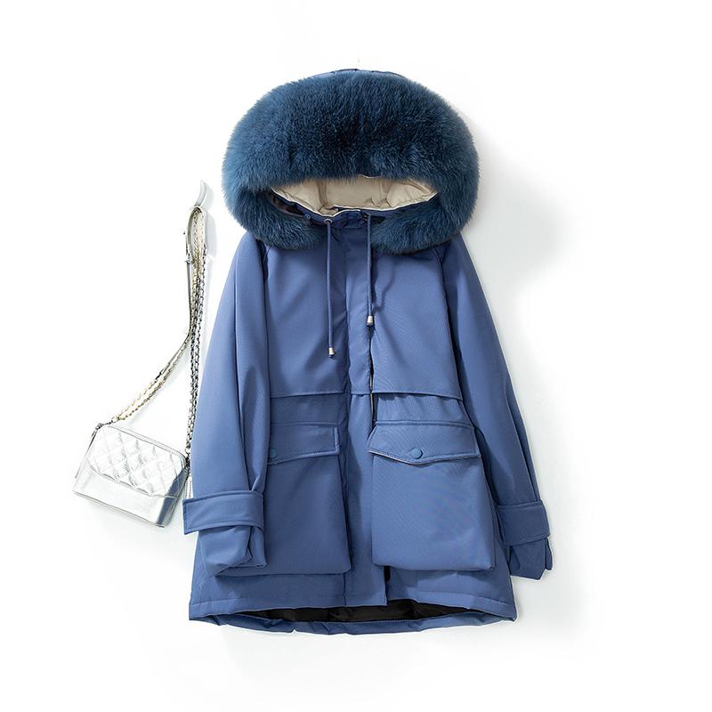 Large Natural Fox Fur Hooded Winter Jacket Women Duck Down Thick Parkas Warm Sash Tie Up Snow Coat