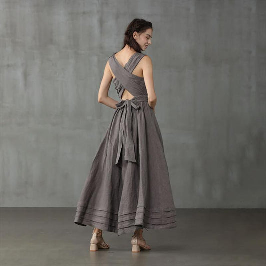 Cross Back Linen Dress, Drawstring Waist Slim Temperament Large Swing Skirt,maxi Dress, Sleeveless Dress, Layered Linen Dress, Apron Dress