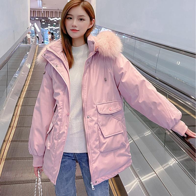 Winter Jacket Fashion Harajuku Fleece Warm Hooded Fur Collar Coat Black Oversized 2021 Autumn New Women Jackets Down Coats