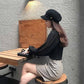 Pofulove Temperament Half Turtleneck Short Sweater Chiffon Lantern Long Sleeve Paneled Sweater