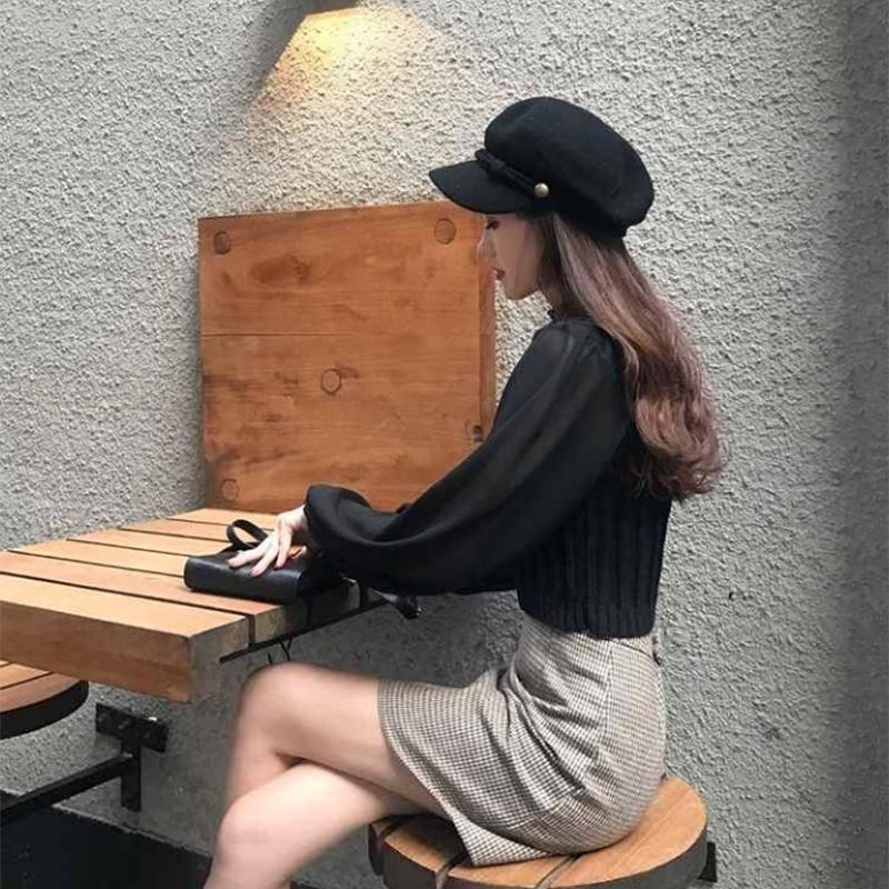Pofulove Temperament Half Turtleneck Short Sweater Chiffon Lantern Long Sleeve Paneled Sweater