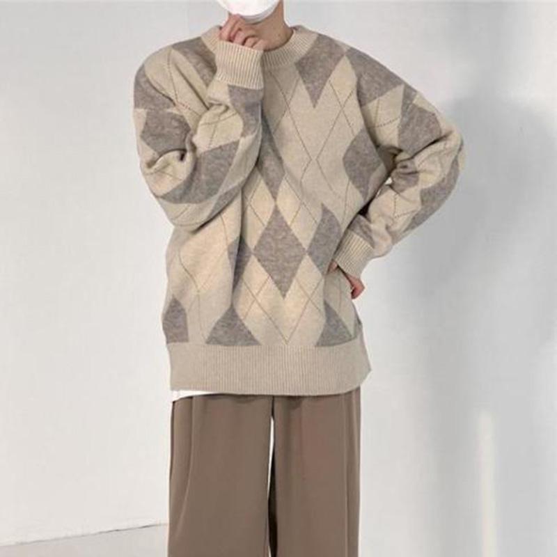 Retro Rhombus Color Matching Round Neck Sweater Men's Tide Brand Loose Knitted Sweater Women's Lazy Style Casual All-match Couple's Sweater