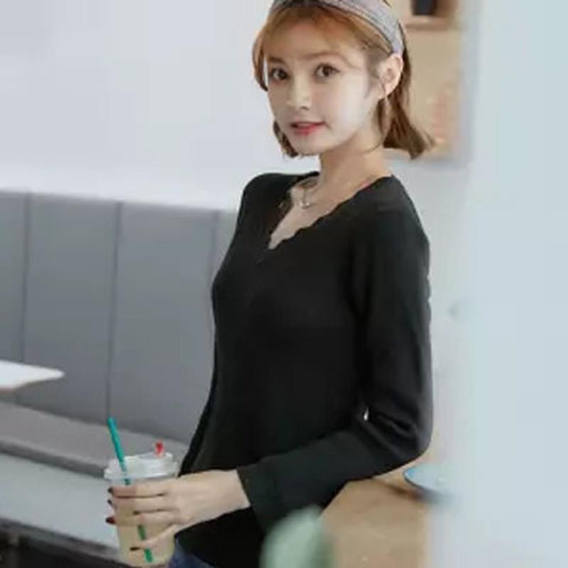 Pofulove V-neck Sweater Women's Slim Winter Plus Size Women's Warm Bottoming Solid Color Shirt