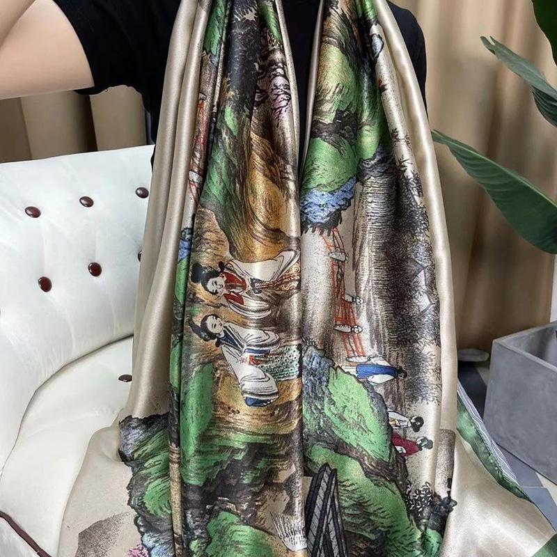 Chinese Painting Style Scarf Flower Wrap Shawl Silk Imitation Satin Women Elegant All-match Headscarf Sunscreen Gauze Shawl