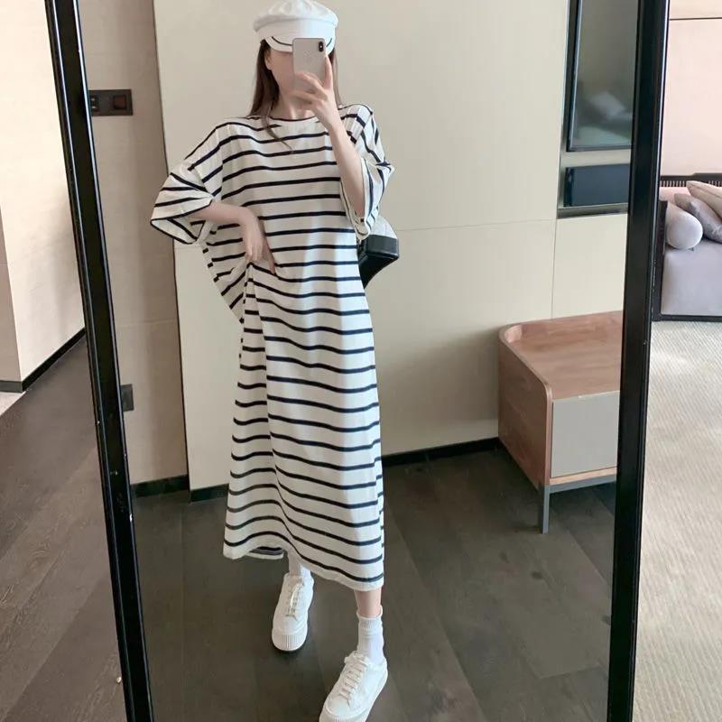 Ladies Long Dress with Belt Stripe Round Neck Slim Base Short Sleeve Loose and Casual Dress