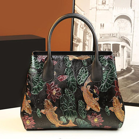 Female Bag Ethnic Style Large-capacity Retro Carved Leather Bag Middle-aged Mother Handbag Shoulder Bag