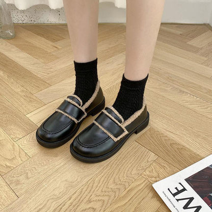 Women's Leather Shoes for Winter Warm and Comfortable Plus Velvet All-match Flat Shoes