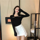 Vertical Stripe Bottoming Shirt Slim Square Collar Button Long Sleeve Knitted Sweater Women
