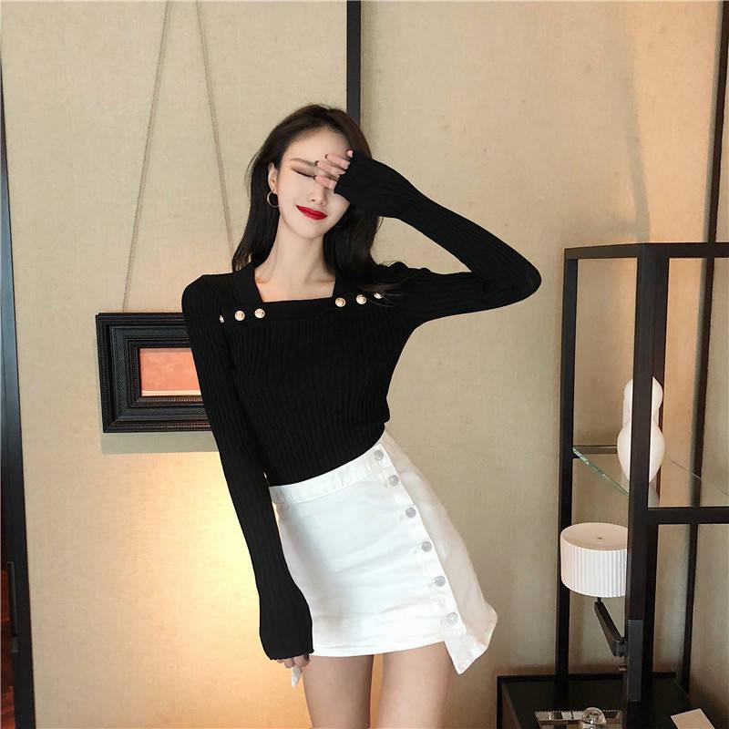 Vertical Stripe Bottoming Shirt Slim Square Collar Button Long Sleeve Knitted Sweater Women