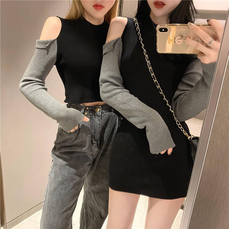 Colorblock Off-shoulder Pullover Sweaters Fashion Korean Casual Sexy Jumper Women Slim Sweatershirt