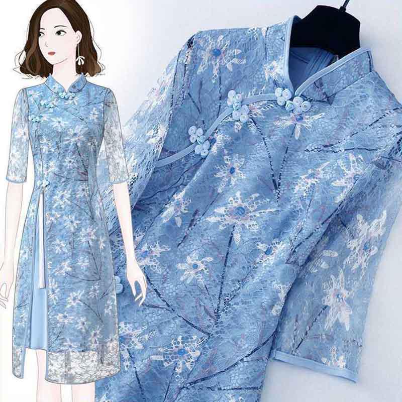 S-2XL Summer Women Slim Cheongsam Lace Floral Dress Mid-sleeved Round Neck Slim Split Dress