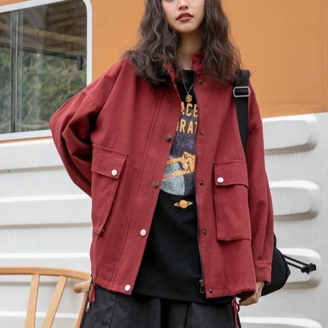 Spring and Autumn New Tooling Jacket Female Student Korean Version Loose Hong Kong Style Retro Solid Color Long-sleeved All-match Jacket Top