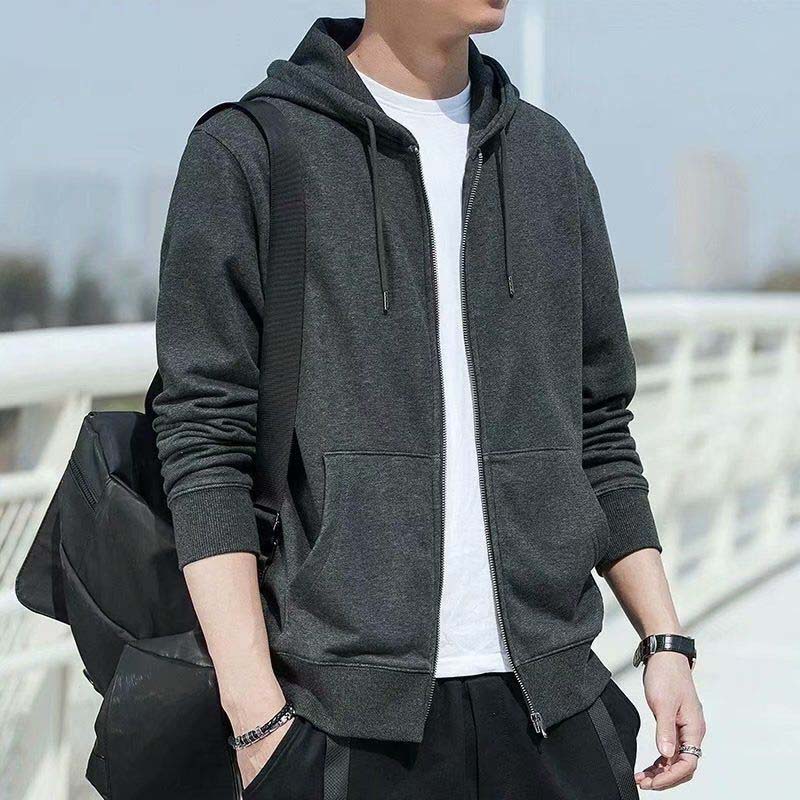 Hooded Sweater Men's Autumn Long Sleeve Loose Autumn Winter Zipper Solid Color Jacket