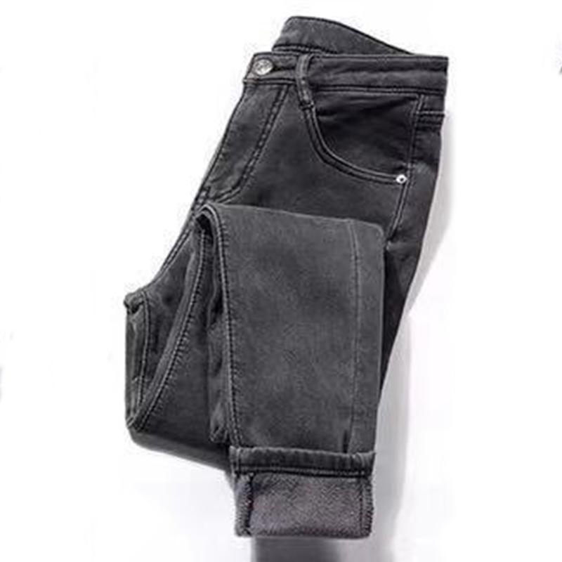 Winter High-waisted Plus Velvet Thickened Jeans Women's Stretch Solid Color Plus Size Slimming Plus Cotton Warm Feet Trousers