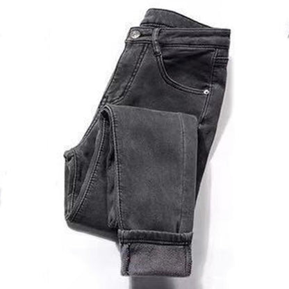 Winter High-waisted Plus Velvet Thickened Jeans Women's Stretch Solid Color Plus Size Slimming Plus Cotton Warm Feet Trousers