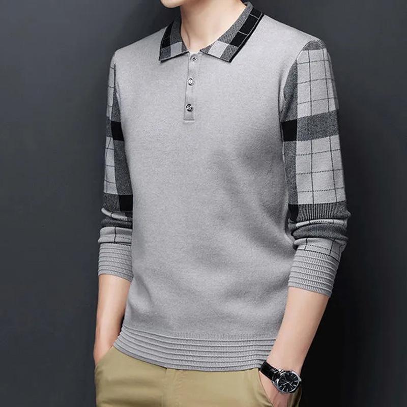 Spring and Autumn Men's Wool Sweater Shirt Plaid Collar Lapel Warm Polo Shirt Slim Top Bottom Shirt