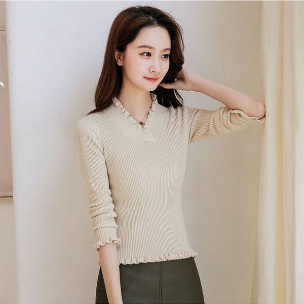 Autumn and Winter Solid Color V-neck Sweater Short Women's Small Slim Knit Sweater Women