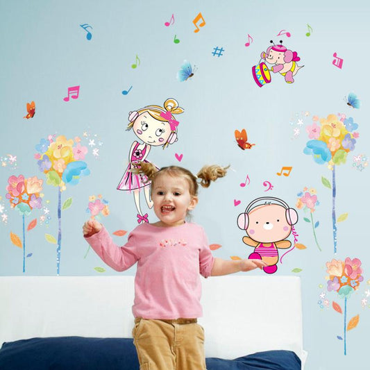 Colorful Flower girl music wall stickers children's room kindergarten decorative wall stickers PVC
