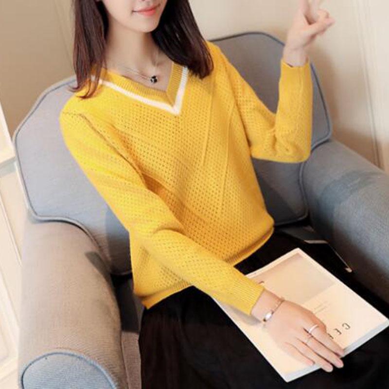 Pofulove Pullover Sweater Women V- Neck Soft Hollow Knitted Winter Knitwear Pull Femme Sweaters Tops