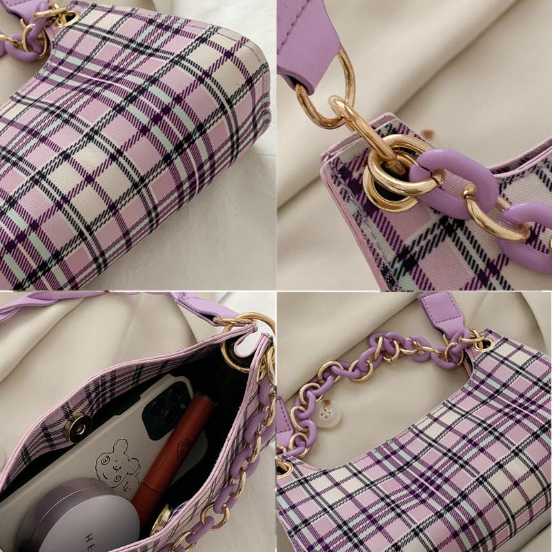 Check Lattice PU Leather Armpit Bag for Women Shoulder Handbags Lady Simple Elegant Baguette Bag