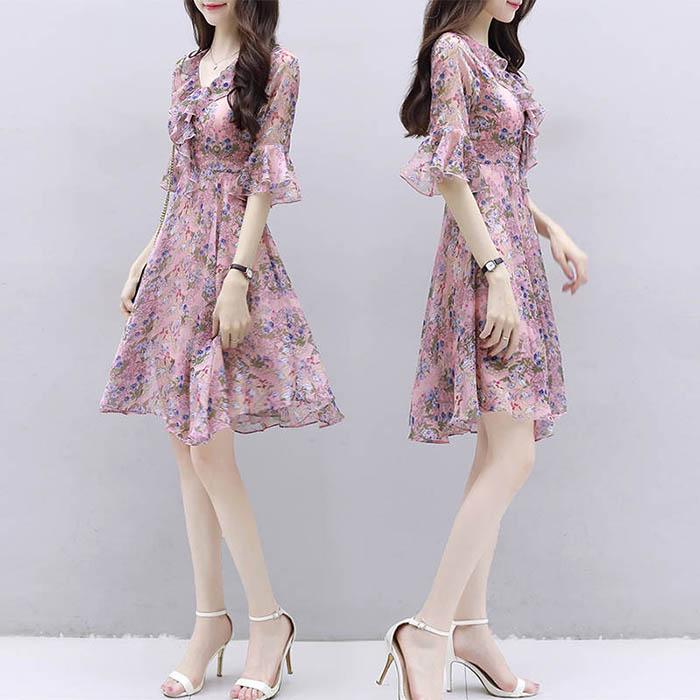 Pofulove S-3XL Women V-neck Chiffon Floral Dress Office Lady Short-sleeved Mid-length A-line Dress