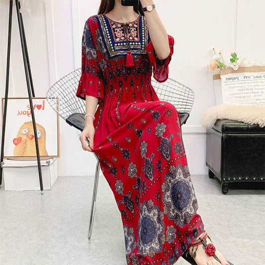 Ethnic Style Round Neck Three-quarter Sleeve Dress Retro Elastic Waist Ruffled Large Swing Skirt Holiday Travel Long Skirt Large Size Women's Clothing