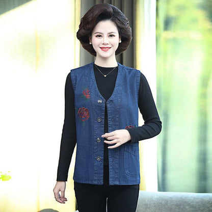 Flower Embroidery Solid Color Big Pocket Women's Denim Vest Sleeveless Spring and Autumn Loose Casual Coat Waistcoats