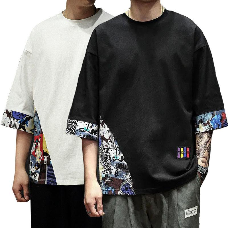 Oversized Hip Hop T-shirt Japanese Trend Retro Shirt O-neck Half Sleeve Casual Pullover Stitching Graphic Punk Clothe Summer