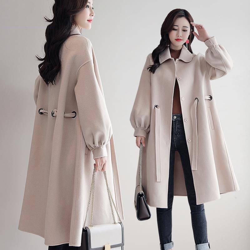 Womens' Winter Wool Long Coat with Woolen Coat Side Pocke Lantern Sleeve Long Jacket Trench Coat