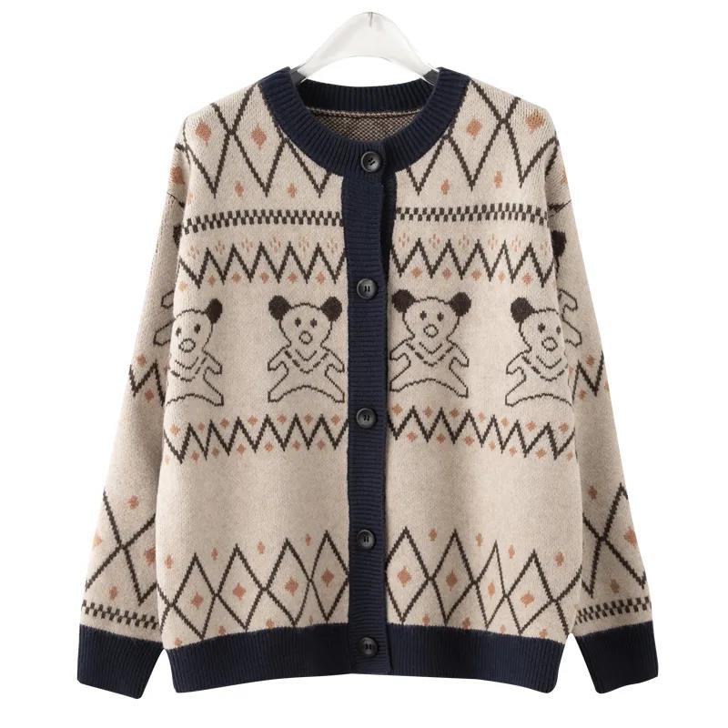Bear Jacquard Sweater Jacket Women's Autumn and Winter Loose and Lazy Style Contrast Color Knitted Cardigan Top Trendy