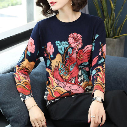 Ethnic Style Knit Sweater High-end Loose Printed Cashmere Sweater Bottoming Wool Sweater Short O-neck Knit Jumper