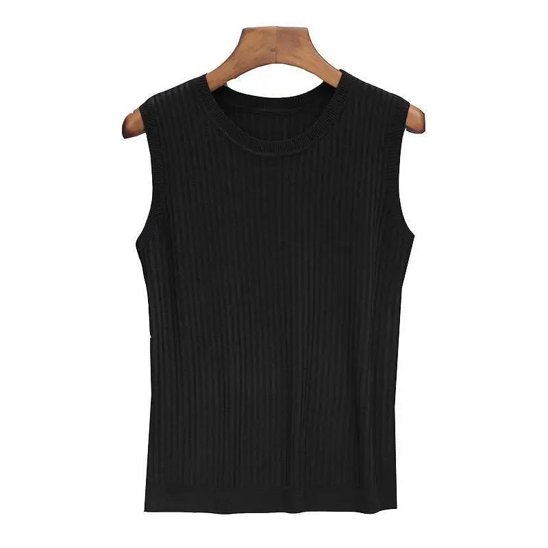 Summer Women Tops Solid Color Blouses Slim Sleeveless Tee Shirt Plus Size White T-Shirt Female Knitted Stretch Top