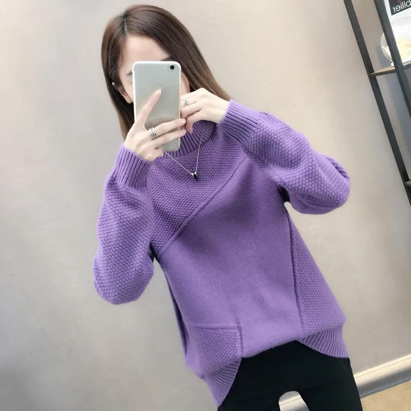 Shery Lady Round Neck Irregular Puff Sleeve Knitted Loose Pullover Sweater