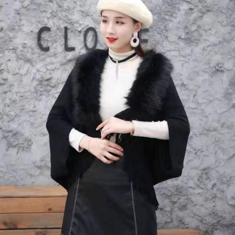 Ladies Autumn Winter Loose Fur Collar Shawl Luxurious Thick Warm Cardigan Jacket Ladies All-match Cardigan Jacket Knitting Tassel Wrap Cape Cloak