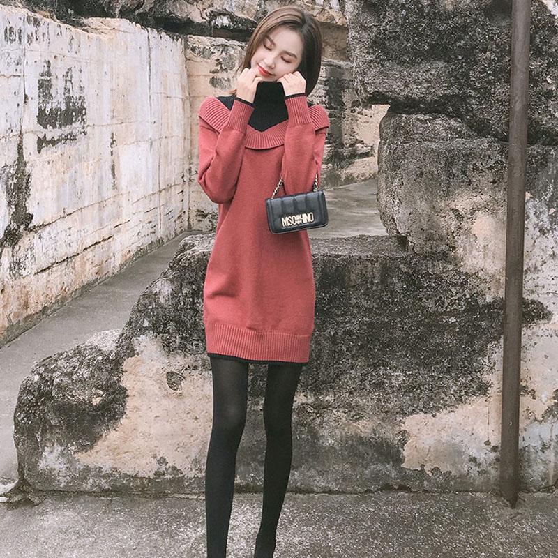 Autumn Winter Sweater Dresses for Women Thick Slim Mid-length Knitted Dress turtleneck  Pullover Sweater Dress