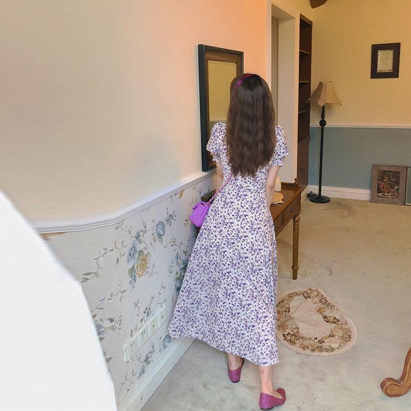 Summer Retro French Square Neck Puff Sleeve Split Dress Oil Painting Purple Floral Long Skirt French Retro Ladies Dress Chiffon Dress