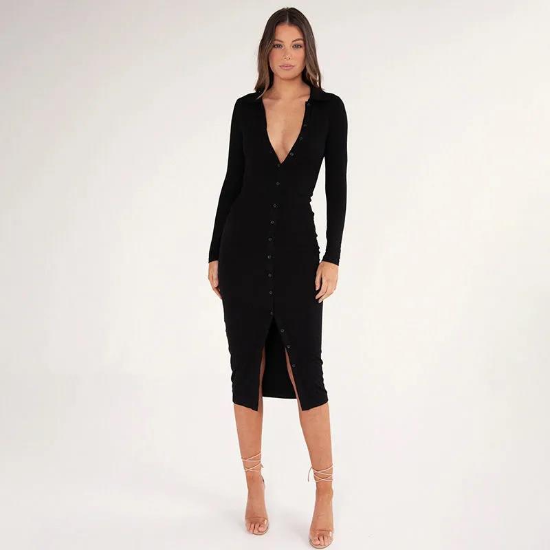 Women's Party Dress Button Knit Dress Autumn and Winter Slim Long-sleeved Long Skirt and Ankle V-neck Tight-fitting Sexy Dress Ladies Split Hem