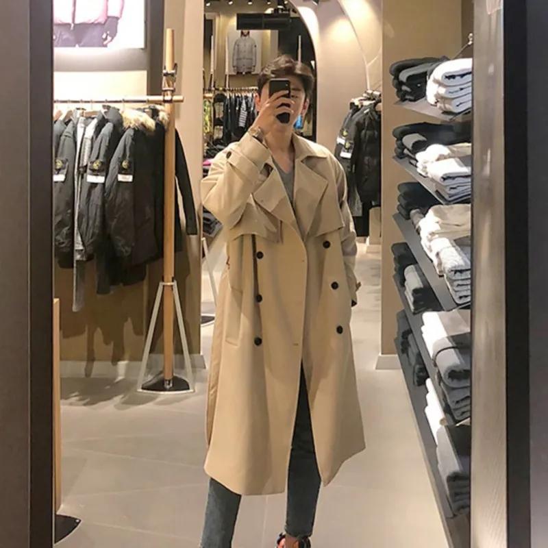Spring New Windbreaker Men's Mid-length Korean Version Trend British Style Handsome Over The Knee Men's Khaki Coat