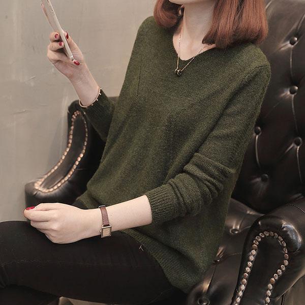 Autumn and Winter Loose Casual Bottoming Shirt Temperament V-neck Top Solid Color Button Female Sweater