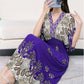Cotton Silk Dress Mid Length Beach Dress Large Floral Sea Long Dress Mom Casual Wear