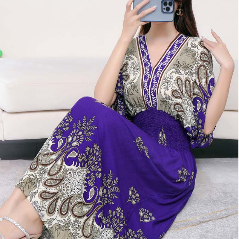Cotton Silk Dress Mid Length Beach Dress Large Floral Sea Long Dress Mom Casual Wear