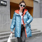 Winter Jacket Parkas Women Glossy Down Cotton Jacket Hooded Parka Warm Female Mid-length Cotton Thick Jacket Casual Loose Outwear Medium Long Overcoat