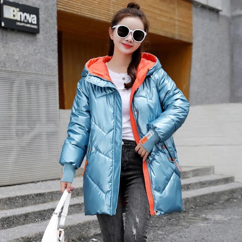 Winter Jacket Parkas Women Glossy Down Cotton Jacket Hooded Parka Warm Female Mid-length Cotton Thick Jacket Casual Loose Outwear Medium Long Overcoat