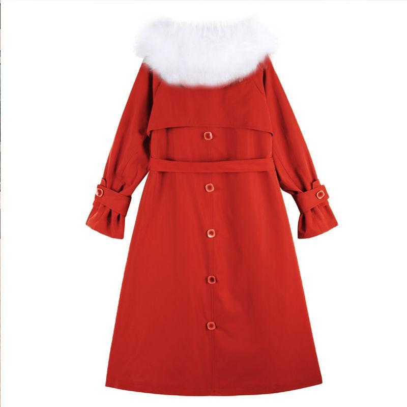 Red Cotton-padded Jacket Women's Winter Loose Waist Cotton-padded Jacket Long Over The Knee Overcoming Coat