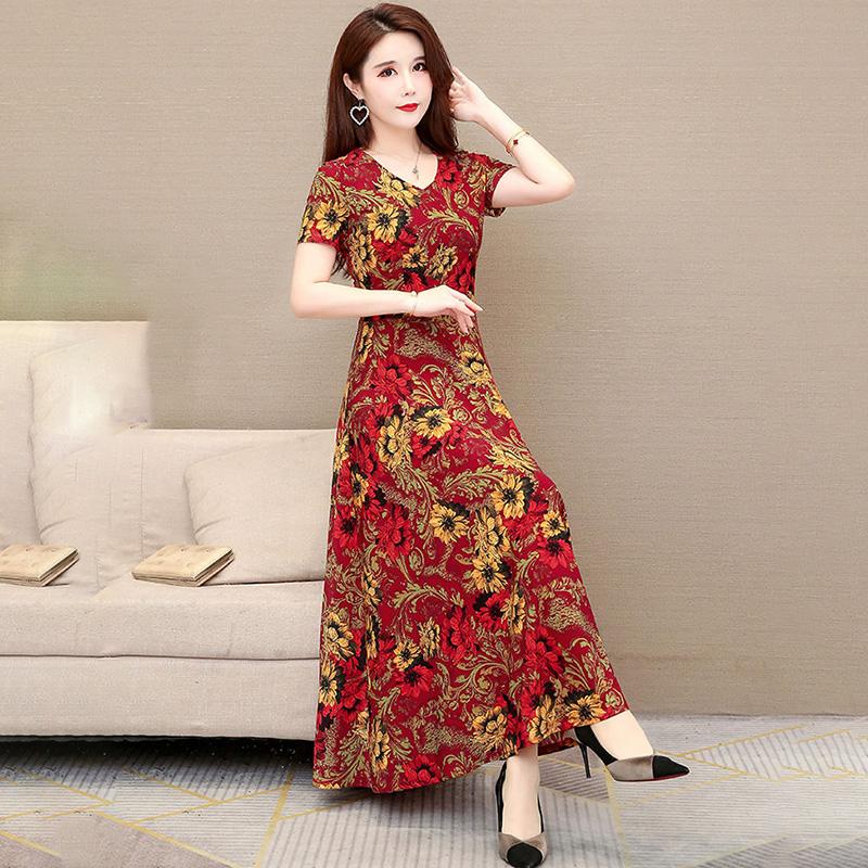 Summer Women's Short-sleeved Women's Dress V-neck Printed Long Dress Slim Fit Thin Large Swing Dress A-line Waist Dress Rice Fabric Is Soft and Light