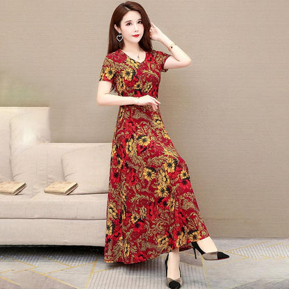 Summer Women's Short-sleeved Women's Dress V-neck Printed Long Dress Slim Fit Thin Large Swing Dress A-line Waist Dress Rice Fabric Is Soft and Light