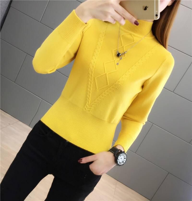 Winter women yellow sweater long sleeve slim knitted turtleneck pullover top femme pull tight jumper