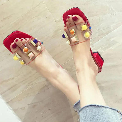 Summer Thick Heel Transparent Soft Surface Sandals and Slippers Ladies Wear Fashion Colorful Diamond Rivet Medium Heel Beach Shoes