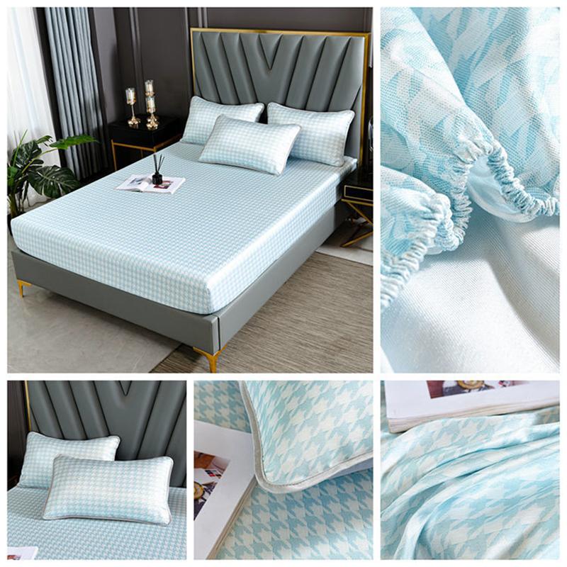 Three-piece Summer Skin-friendly Ice Silk Bed Sheet Mat Washable Non-slip Bedding Protection Cover